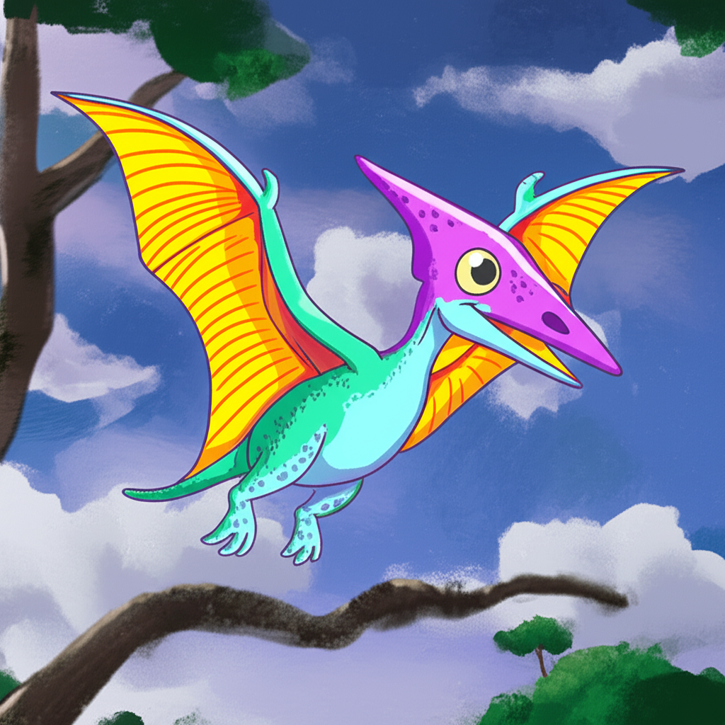 Cute Pterodactyl Flying Coloring Page - Colored Preview