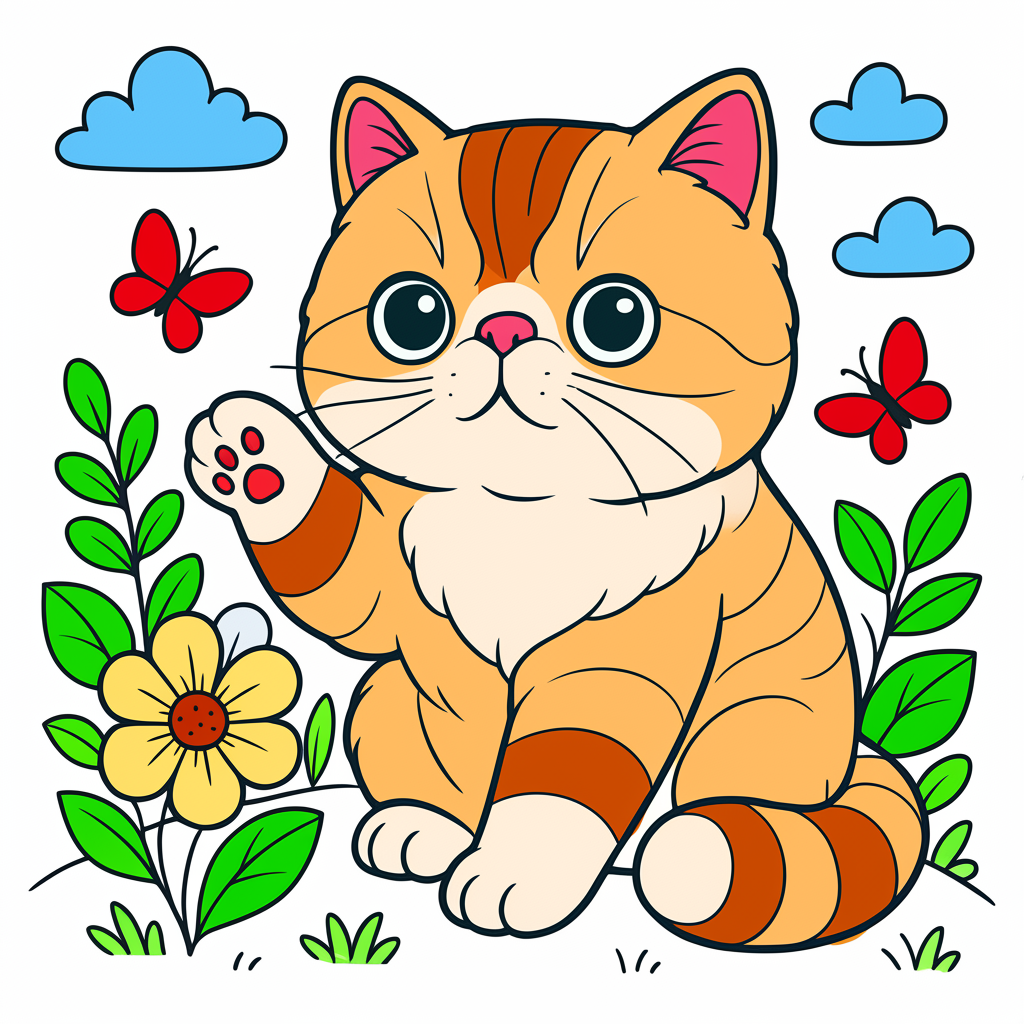 Cute Waving Kitten in Garden Coloring Page - Colored Preview