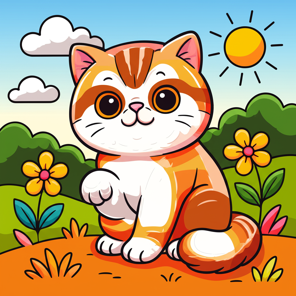 Cute Kitten in Sunny Meadow Coloring Page - Colored Preview
