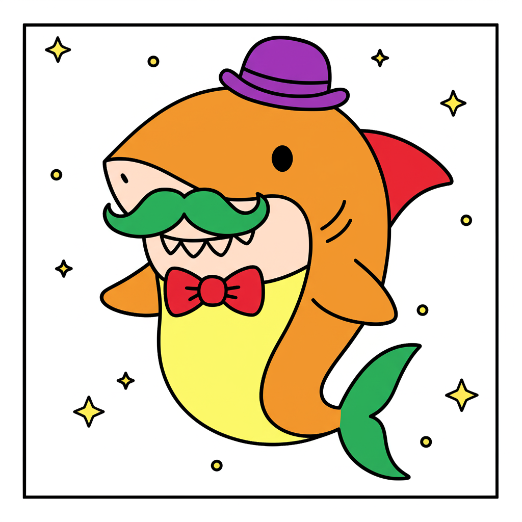 Dapper Shark with Hat and Mustache Coloring Page - Colored Preview