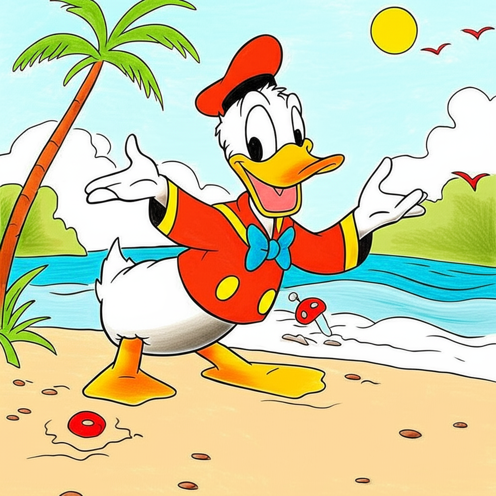 Donald Duck Tropical Beach Getaway Coloring Page - Colored Preview