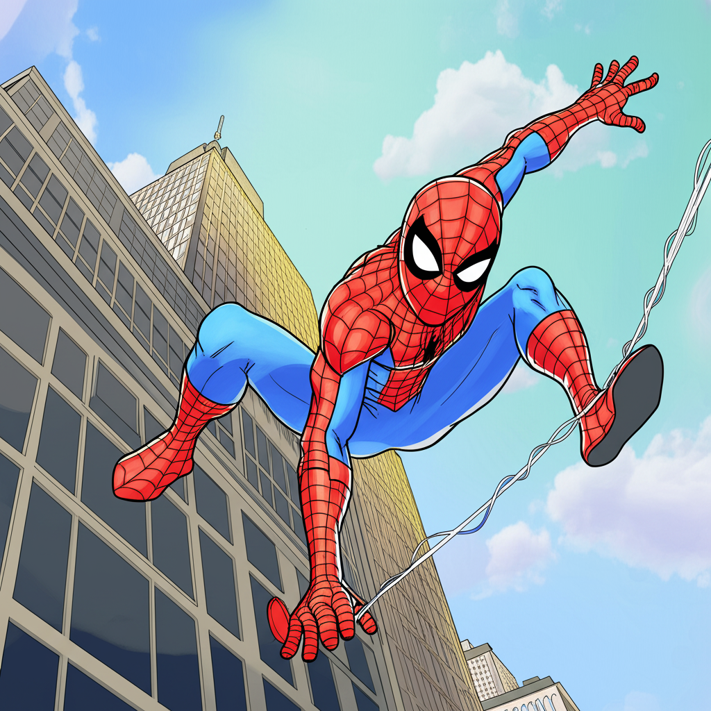 Dynamic Spider-Man Web-Slinging Coloring Page - Colored Preview
