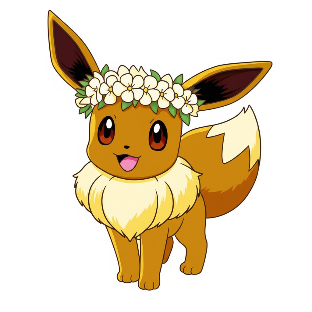 Cute Eevee with Flower Crown Coloring Page - Colored Preview