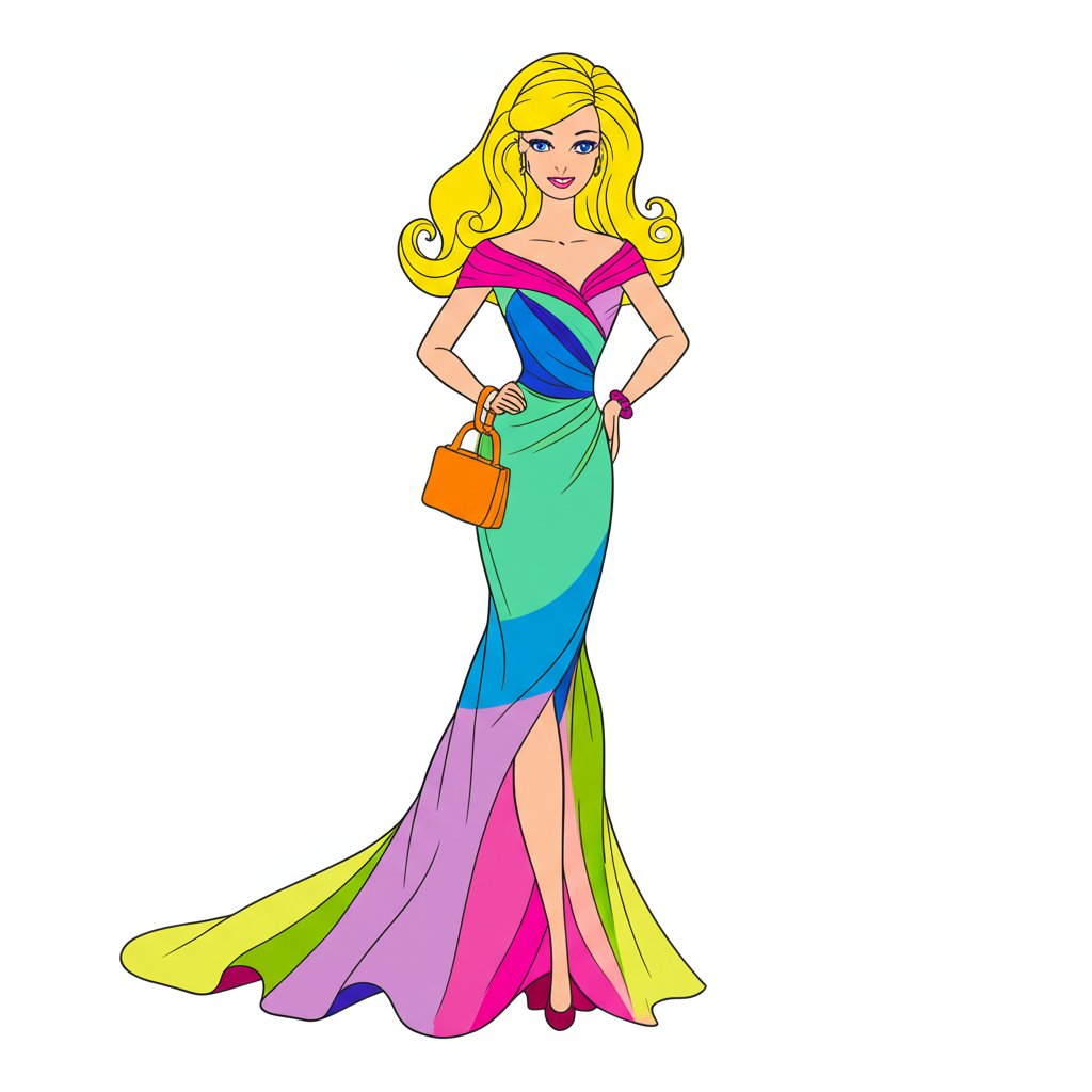 Elegant Barbie Evening Dress Coloring Page - Colored Preview