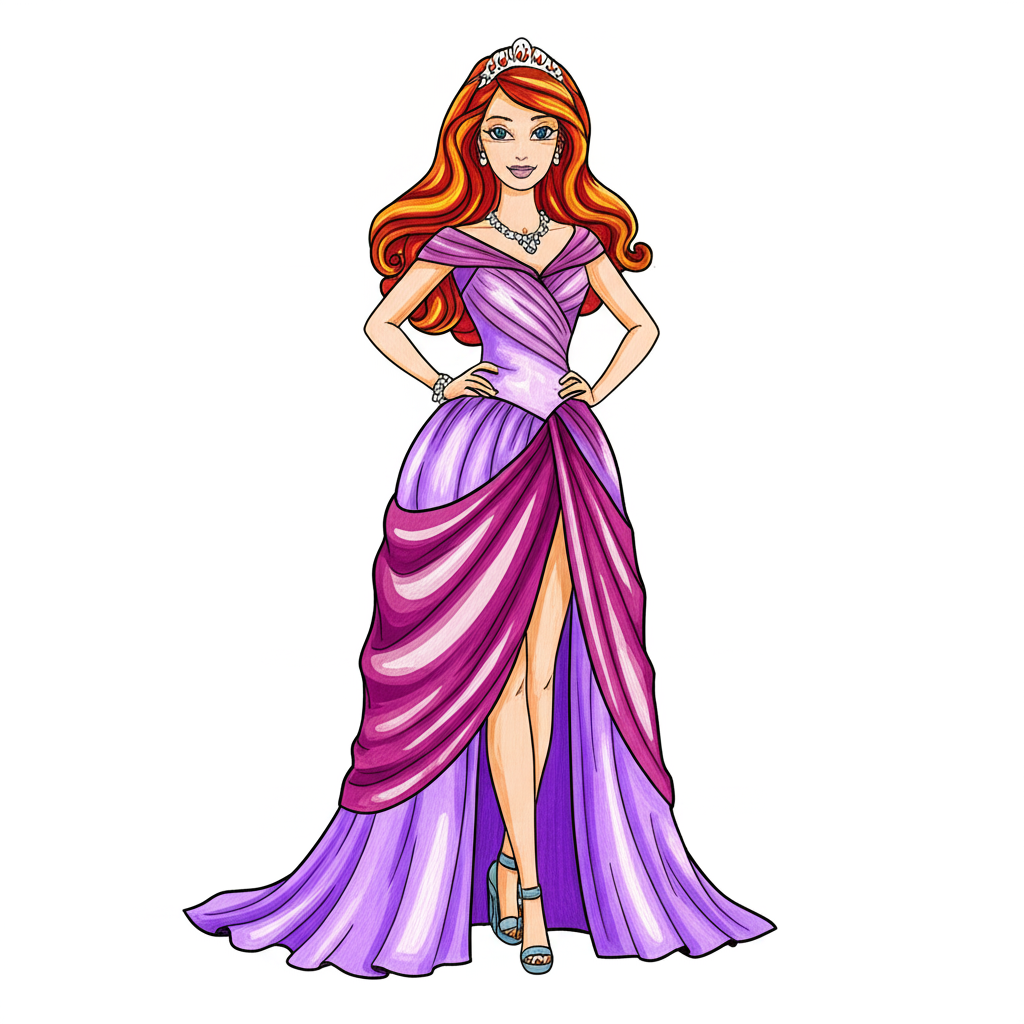 Elegant Barbie Princess Gown Coloring Page - Colored Preview