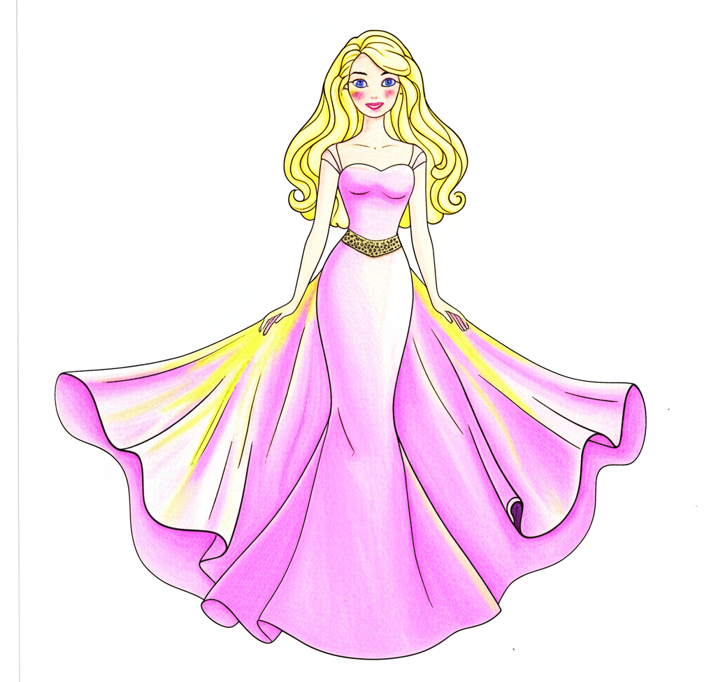 Elegant Doll in Ball Gown Coloring Page - Colored Preview