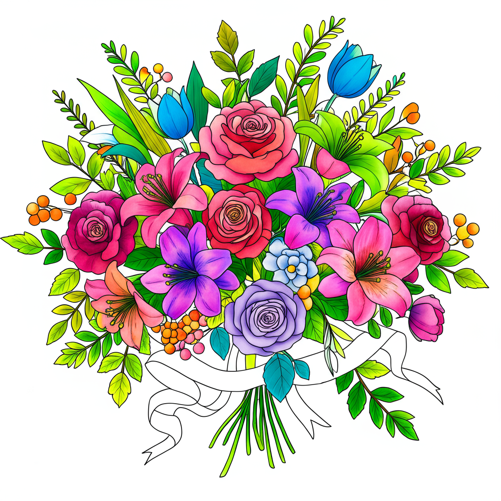 Elegant Floral Bouquet Coloring Page - Colored Preview