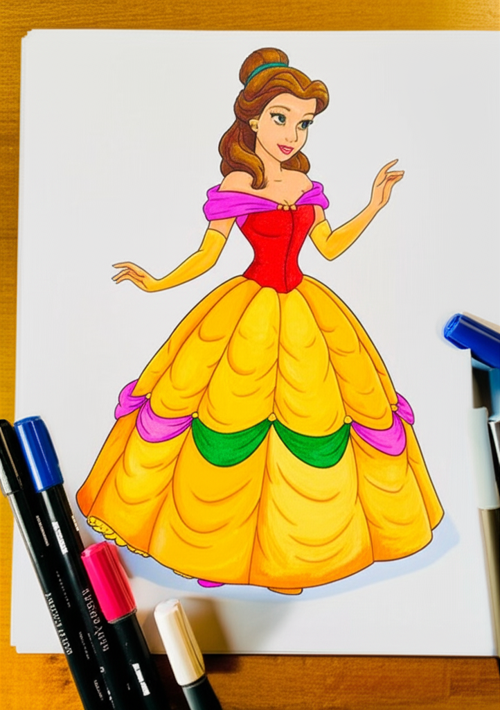 Elegant Princess Belle Coloring Page - Colored Preview