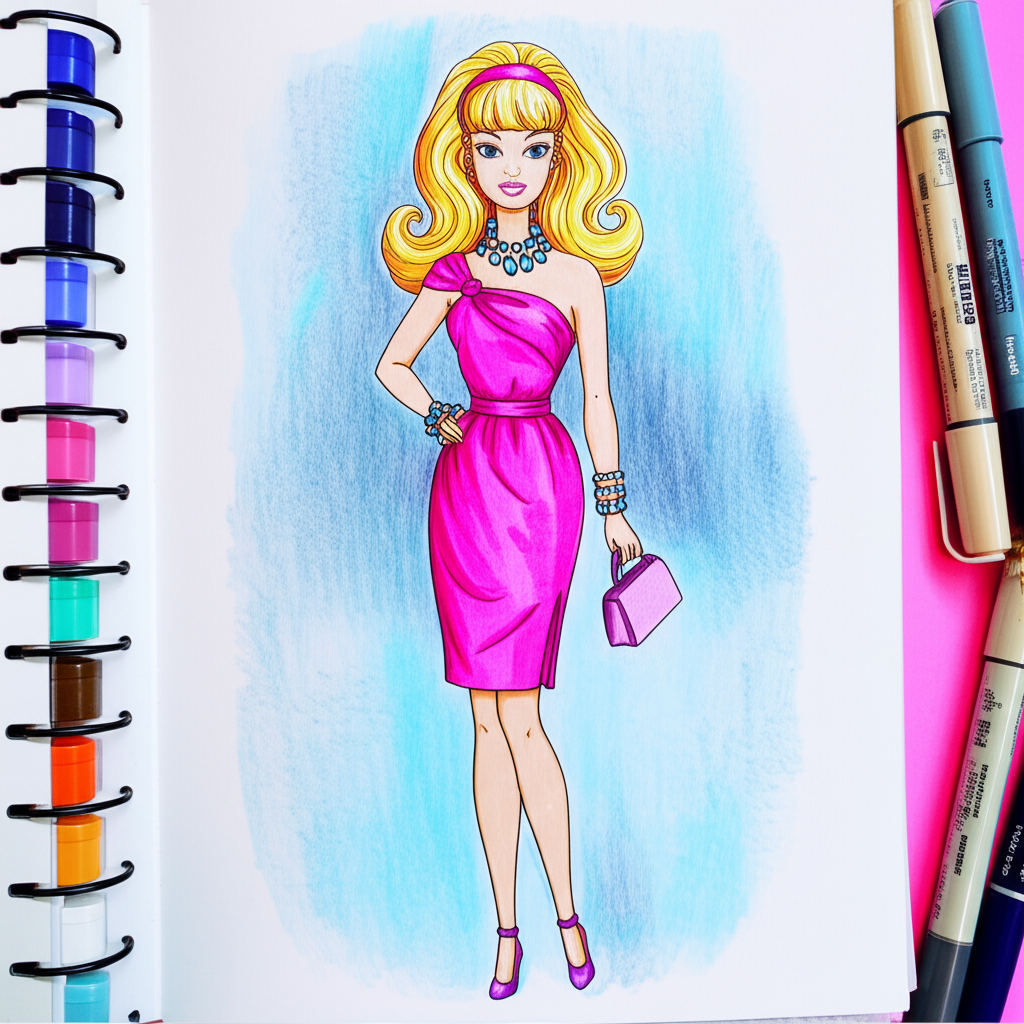 Elegant Retro Glam Fashion Coloring Page - Colored Preview