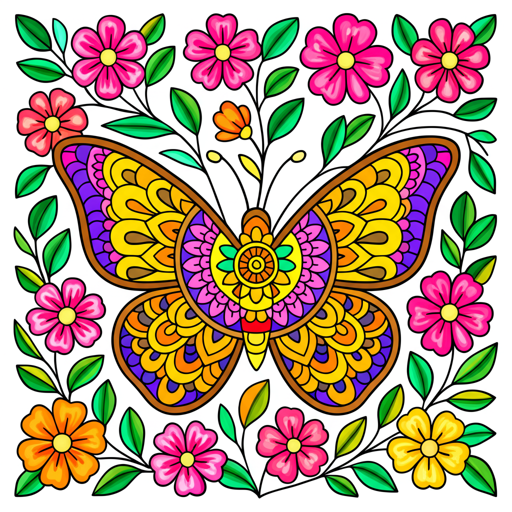 Enchanting Butterfly & Floral Mandala Coloring Page - Colored Preview