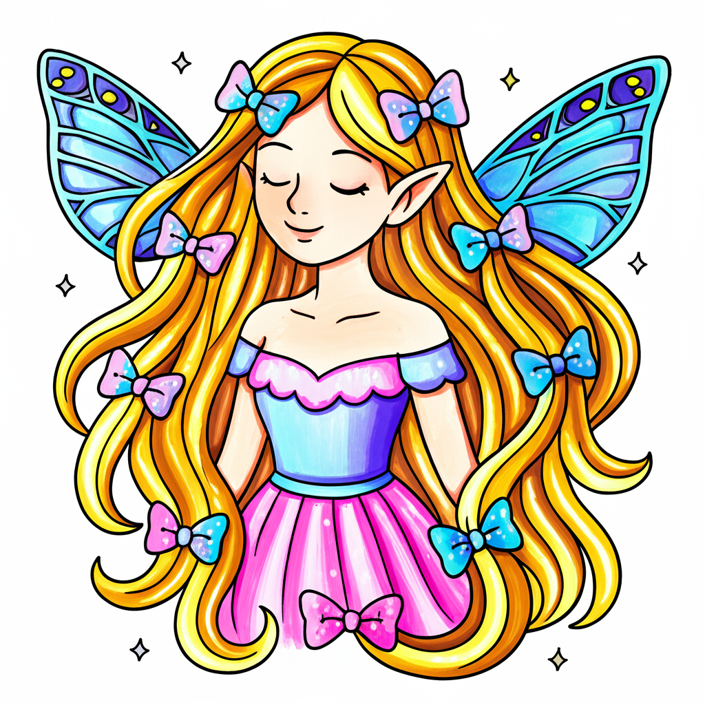 Enchanting Fairy with Bows Coloring Page - Colored Preview