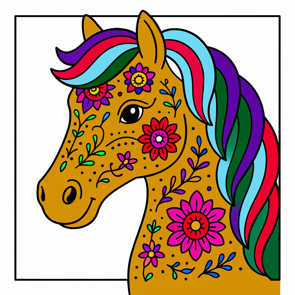 Enchanting Floral Horse Coloring Page - Colored Preview