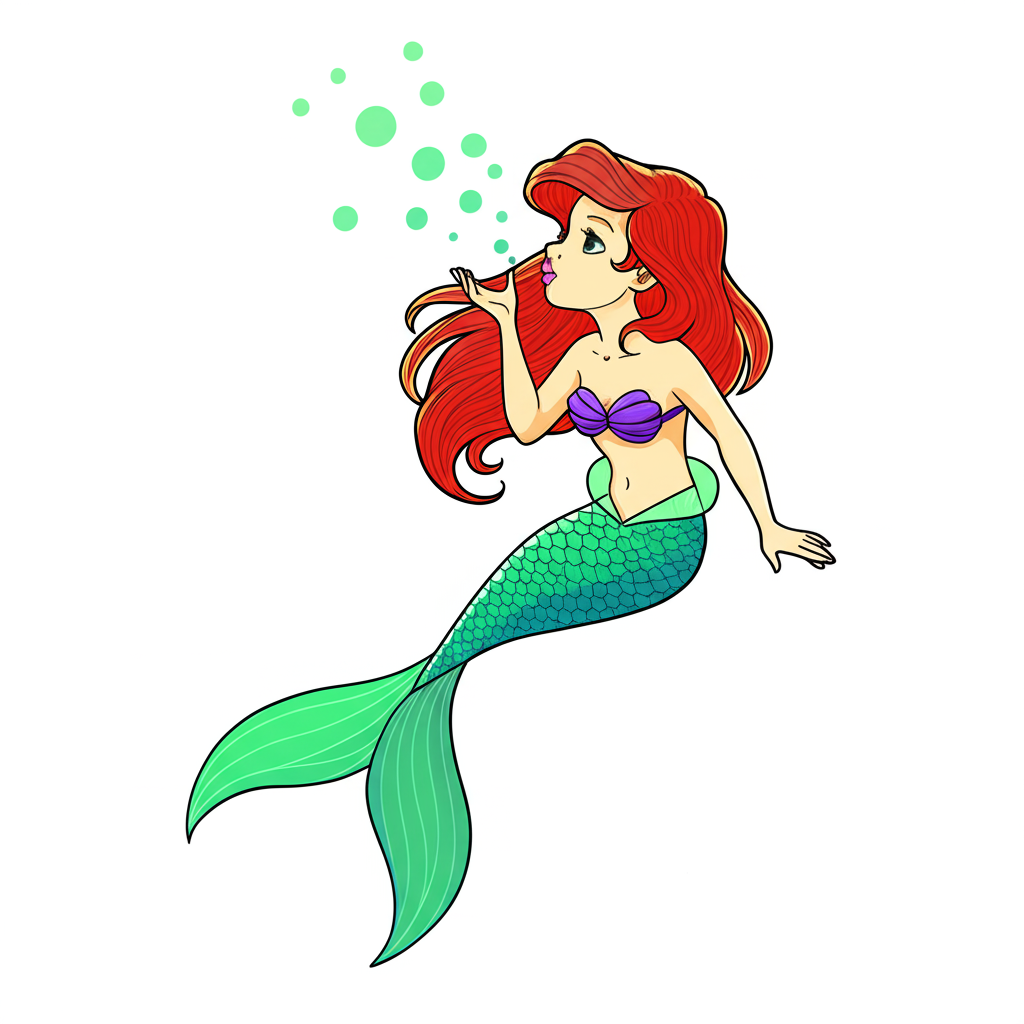 Enchanting Mermaid Blowing Bubbles Coloring Page - Colored Preview