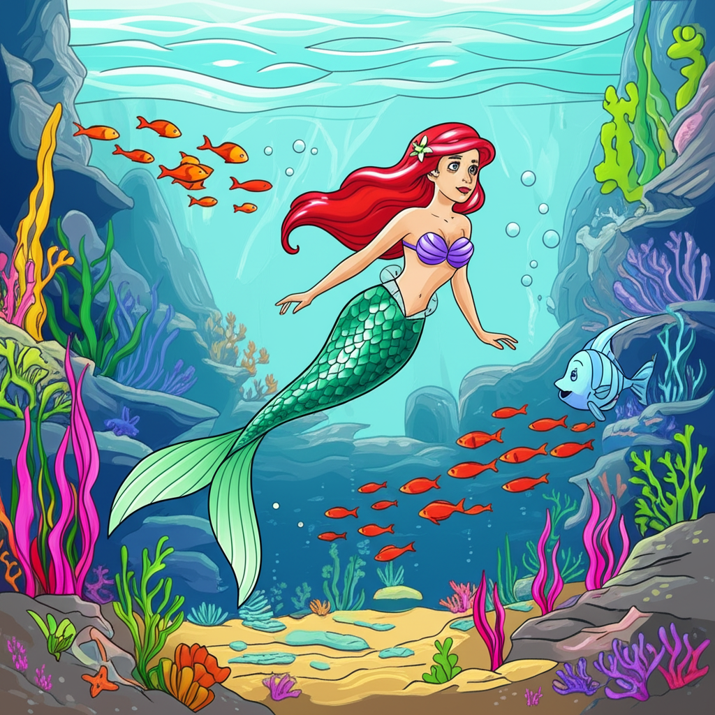 Enchanting Mermaid Princess Underwater Coloring Page - Colored Preview