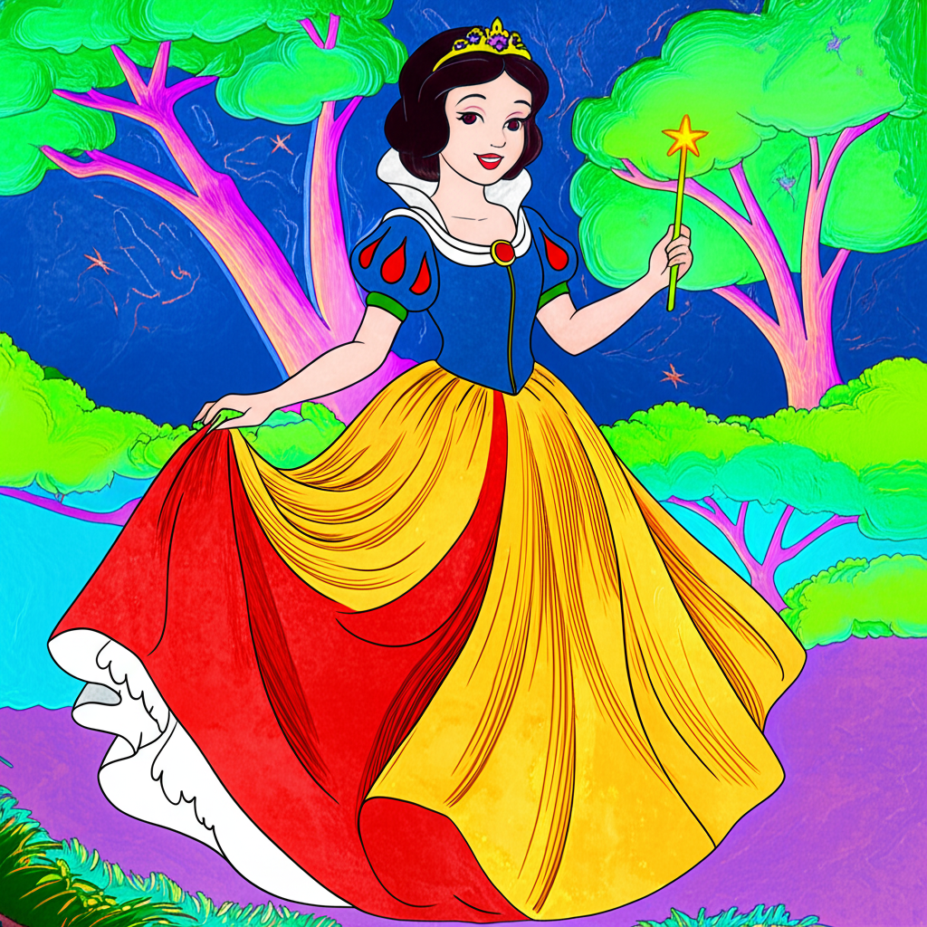 Enchanting Princess with Wand Coloring Page - Colored Preview
