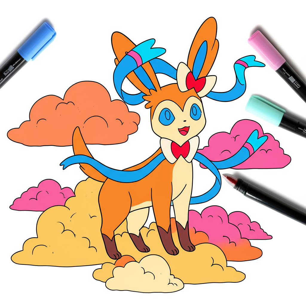 Enchanting Sylveon on Clouds Coloring Page - Colored Preview