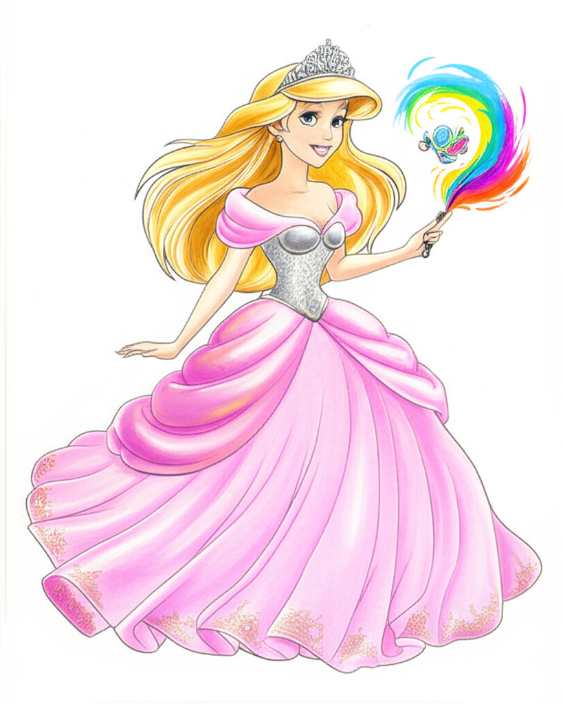 Enchanting Princess with Magic Wand Coloring Page - Colored Preview