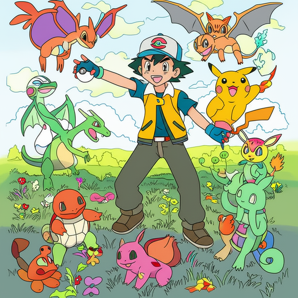 Epic Pokemon Adventure with Ash & Pikachu Coloring Page - Colored Preview