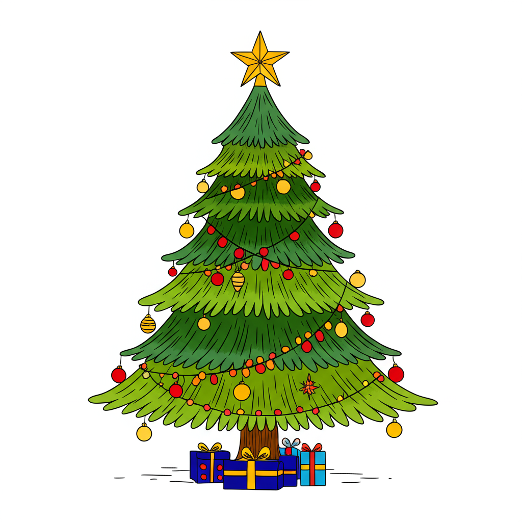 Festive Christmas Tree Coloring Page - Colored Preview