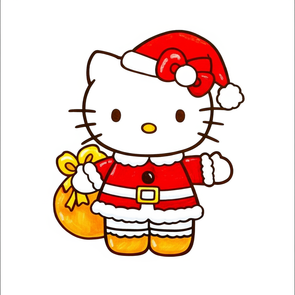 Festive Hello Kitty Santa Coloring Page - Colored Preview