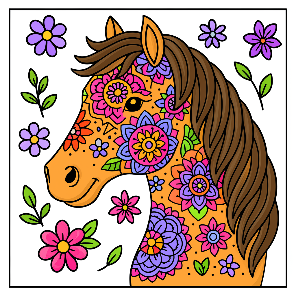 Enchanting Floral Horse Mandala Coloring Page - Colored Preview