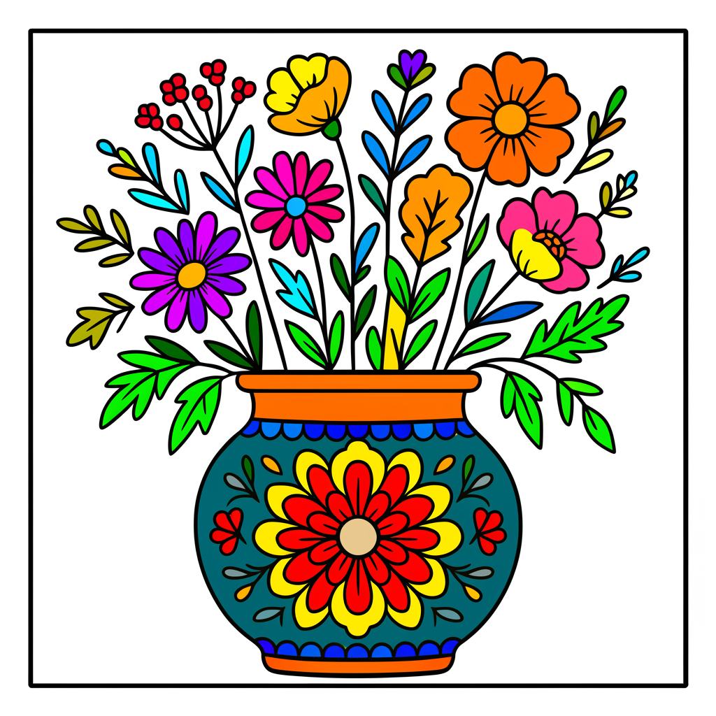 Folk Art Flower Vase Coloring Page - Colored Preview