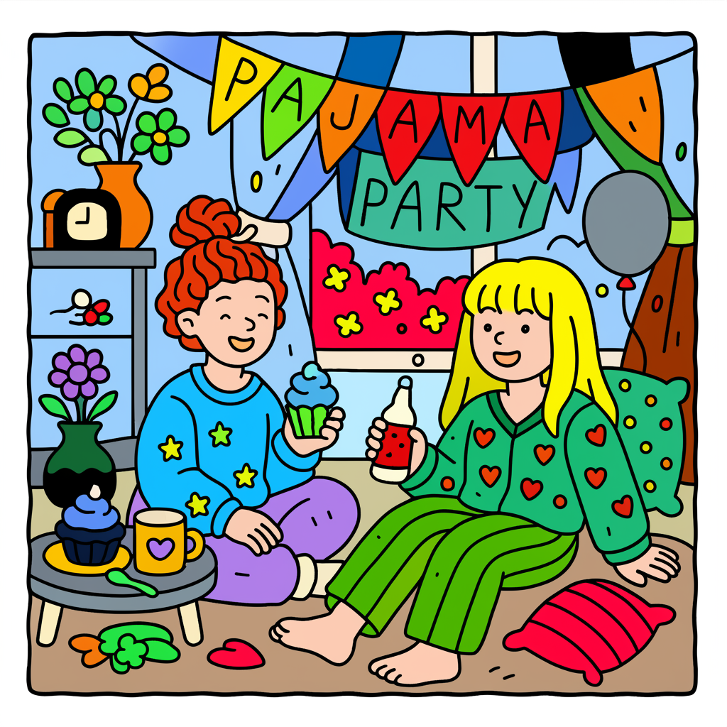 Fun Pajama Party Coloring Page - Colored Preview