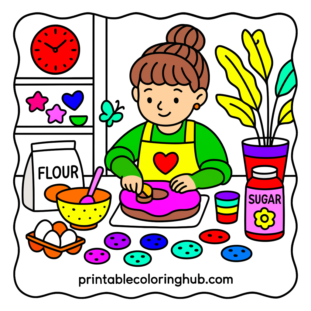 Sweet Treats Girl Baking Cookies Coloring Page - Colored Preview