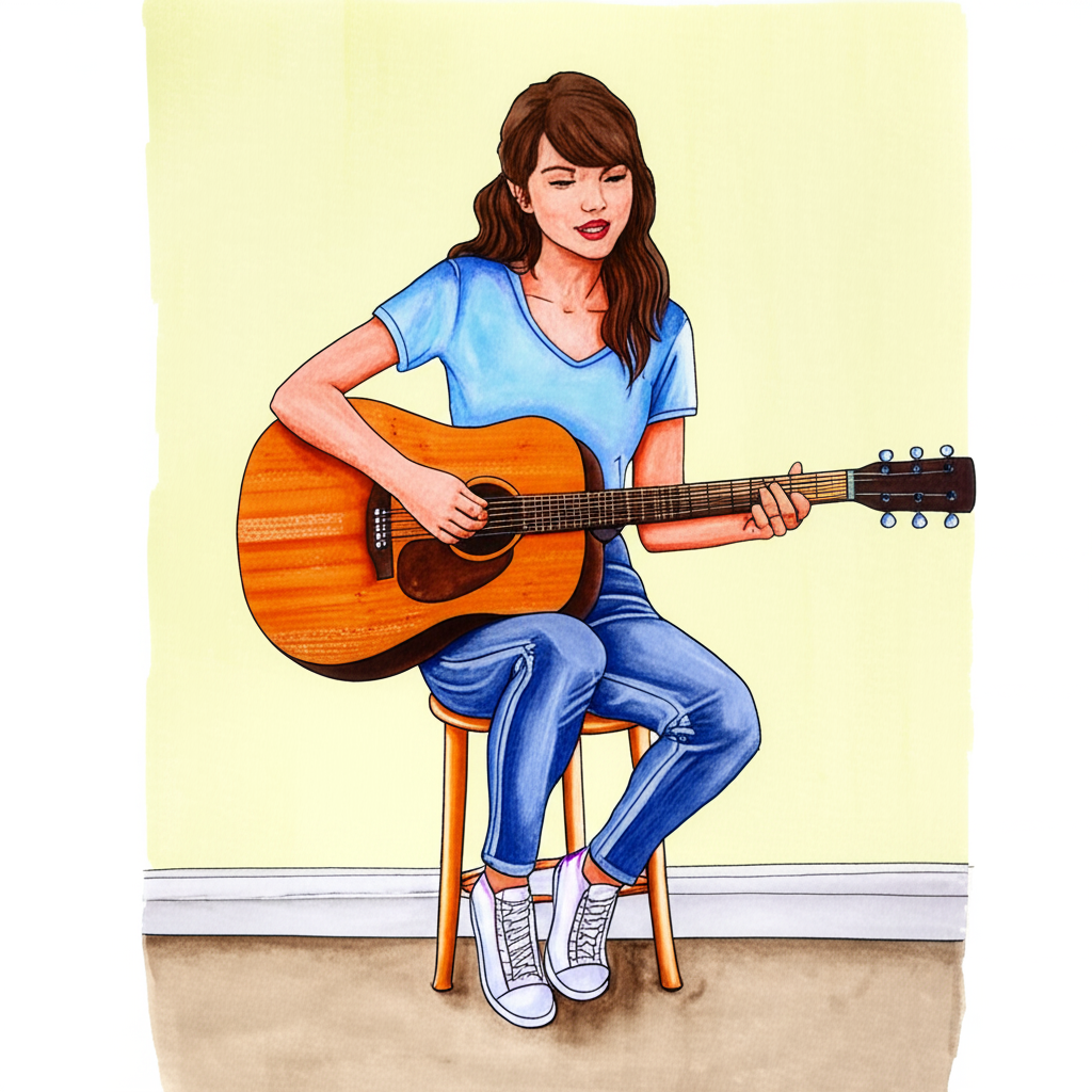 Girl Lost in Music Guitar Coloring Page - Colored Preview