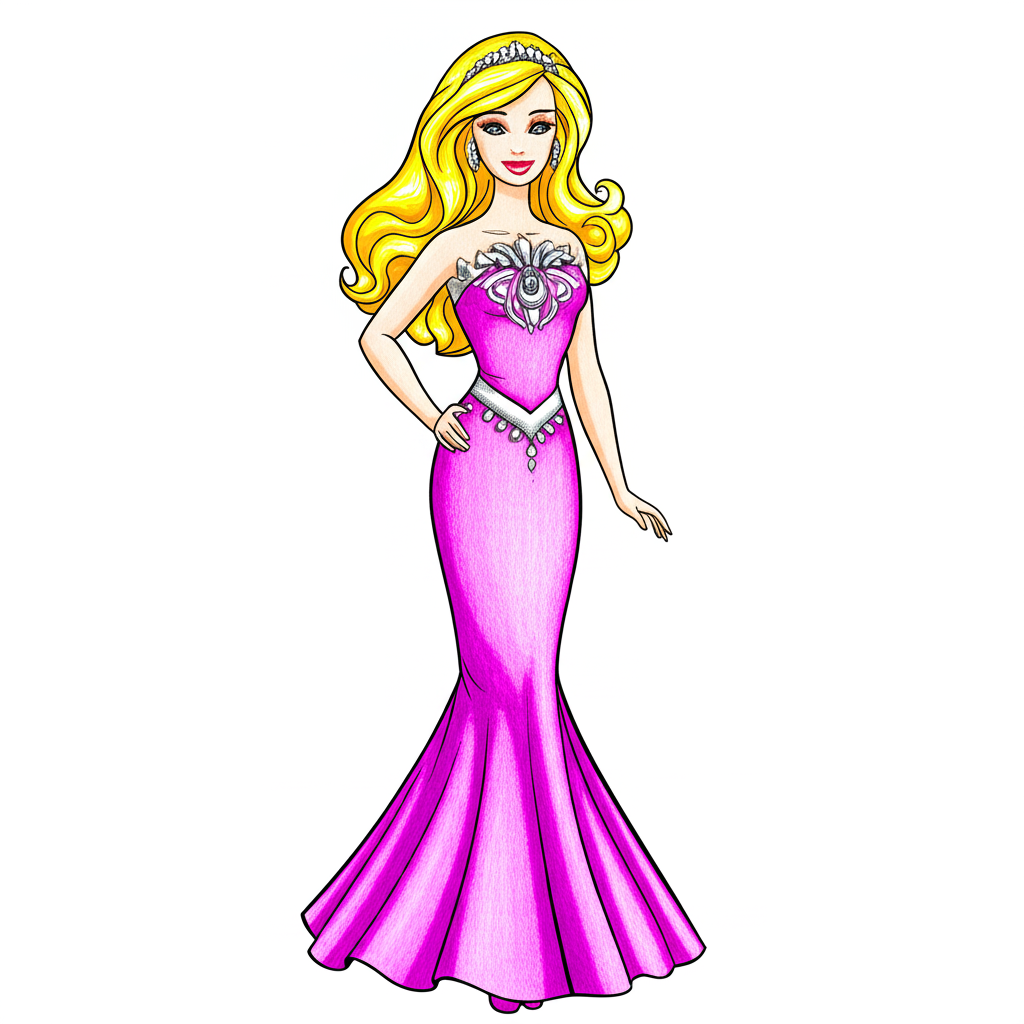 Glamorous Barbie Evening Gown Coloring Page - Colored Preview