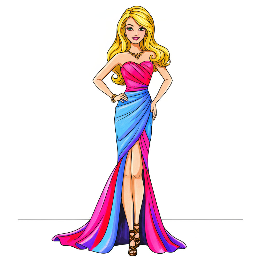 Glamorous Barbie Fashion Coloring Page - Colored Preview
