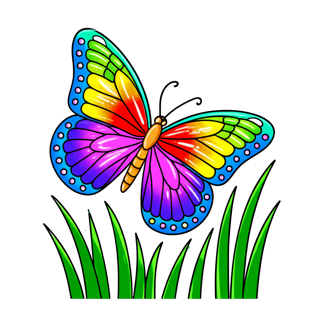 Graceful Butterfly Over Grass Coloring Page - Colored Preview