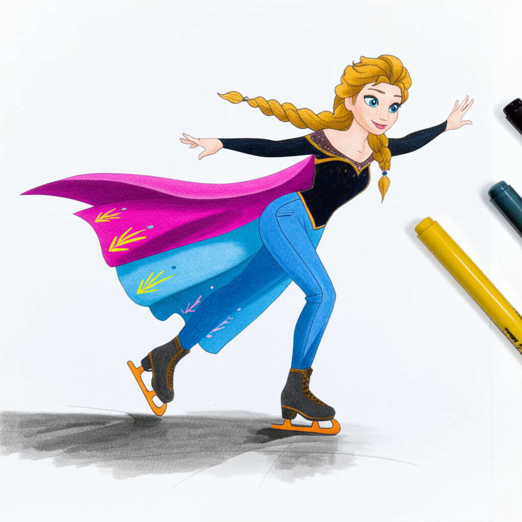 Graceful Elsa Ice Skating Adventure Coloring Page - Colored Preview
