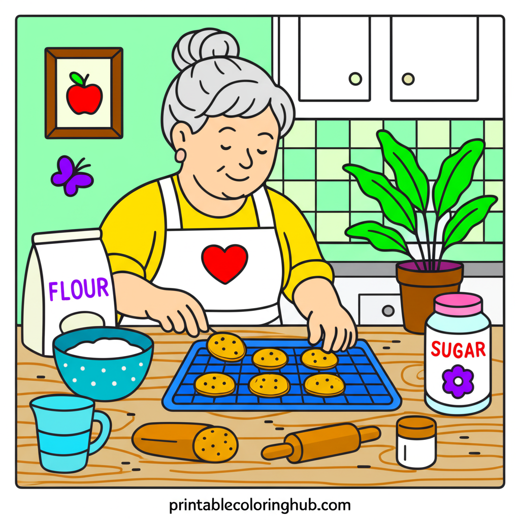 Grandma Baking Cookies Coloring Page - Colored Preview