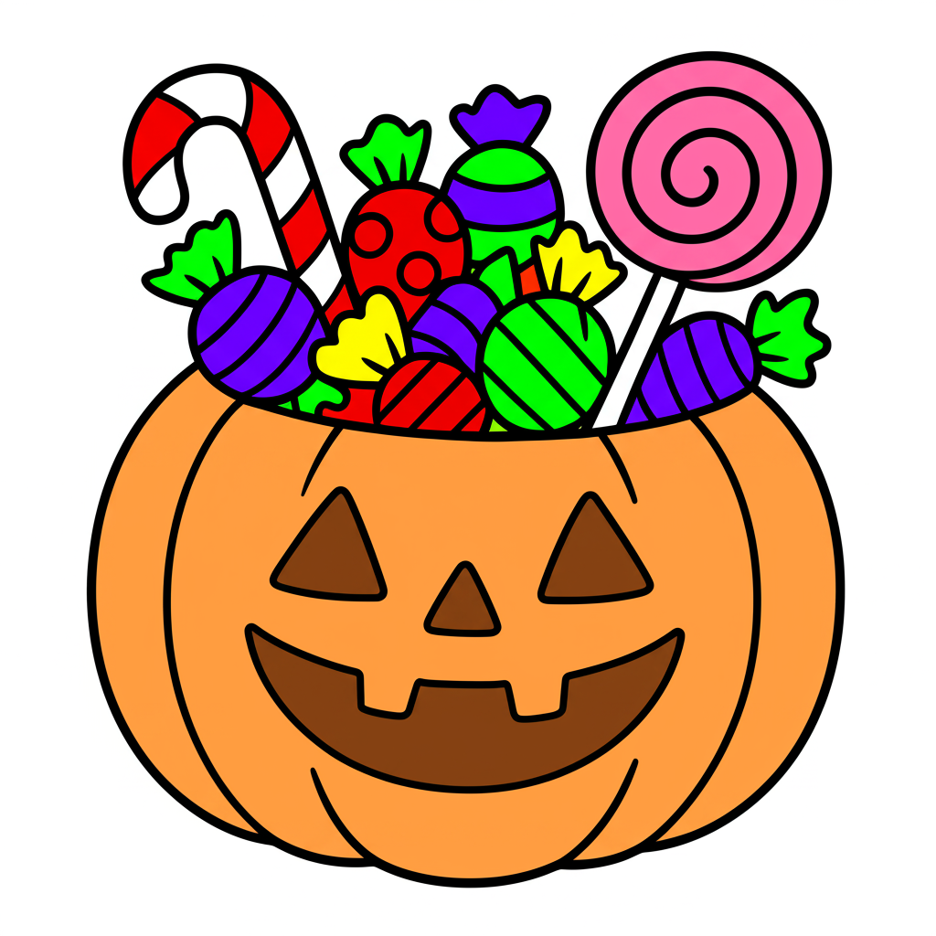 Halloween Pumpkin Candy Basket Coloring Page - Colored Preview