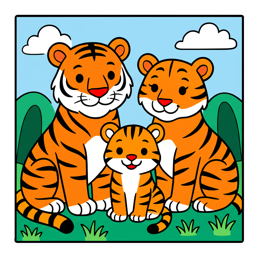 Happy Tiger Family Fun Coloring Page - Colored Preview