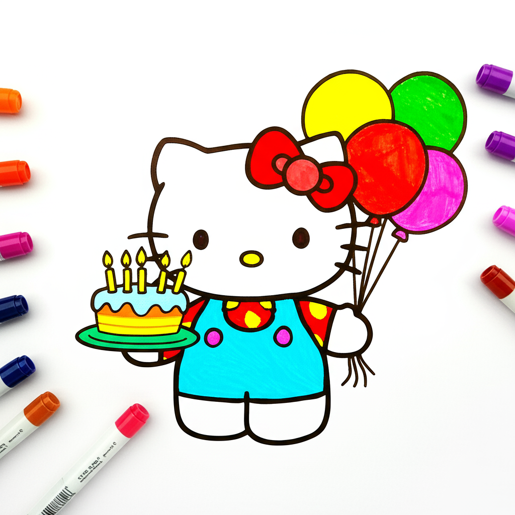 Hello Kitty Birthday Fun Coloring Page - Colored Preview