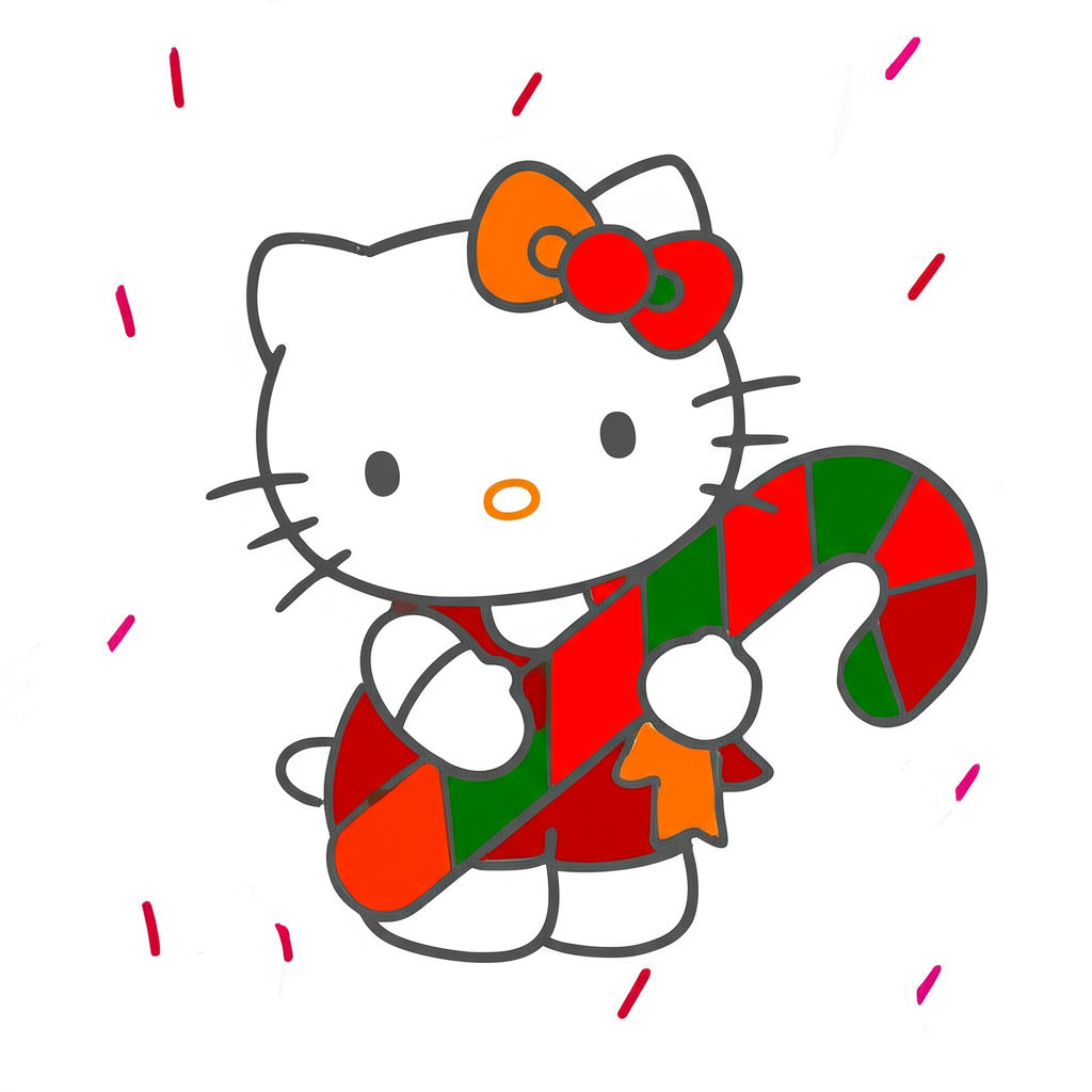 Hello Kitty Christmas Candy Cane Coloring Page - Colored Preview