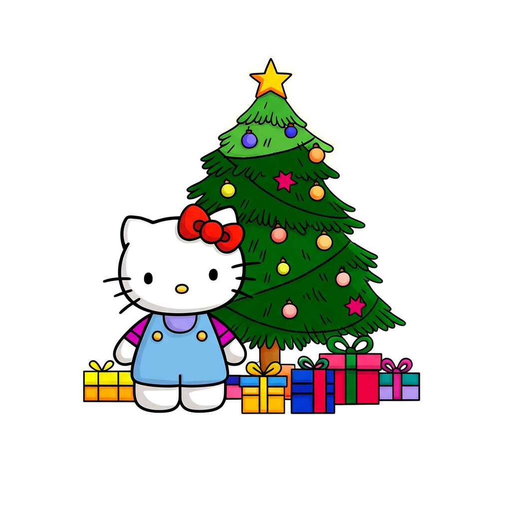 Hello Kitty Christmas Tree Coloring Page - Colored Preview