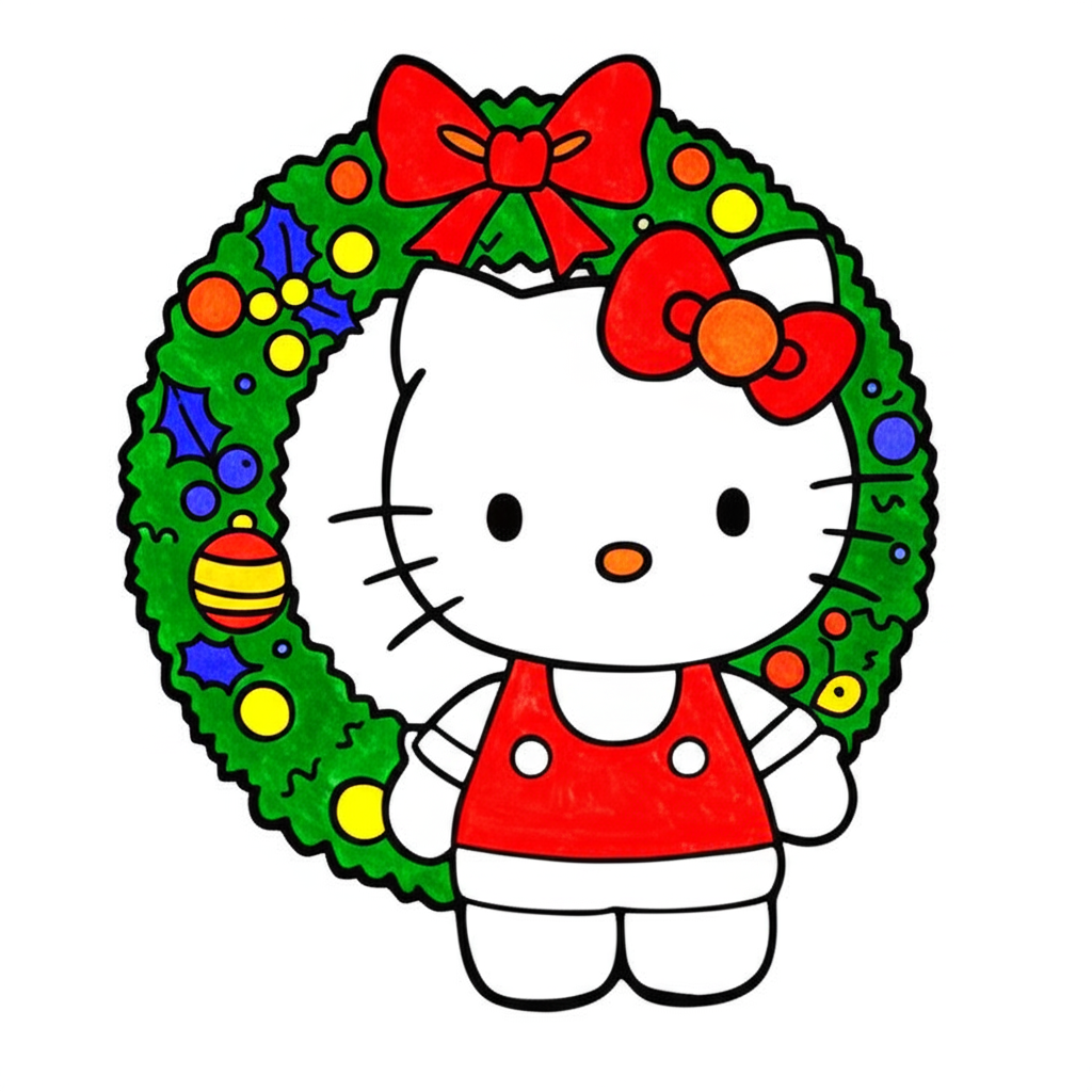 Hello Kitty Christmas Wreath Coloring Page - Colored Preview