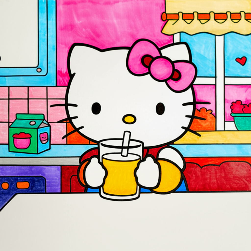 Hello Kitty Enjoying a Drink Coloring Page - Colored Preview