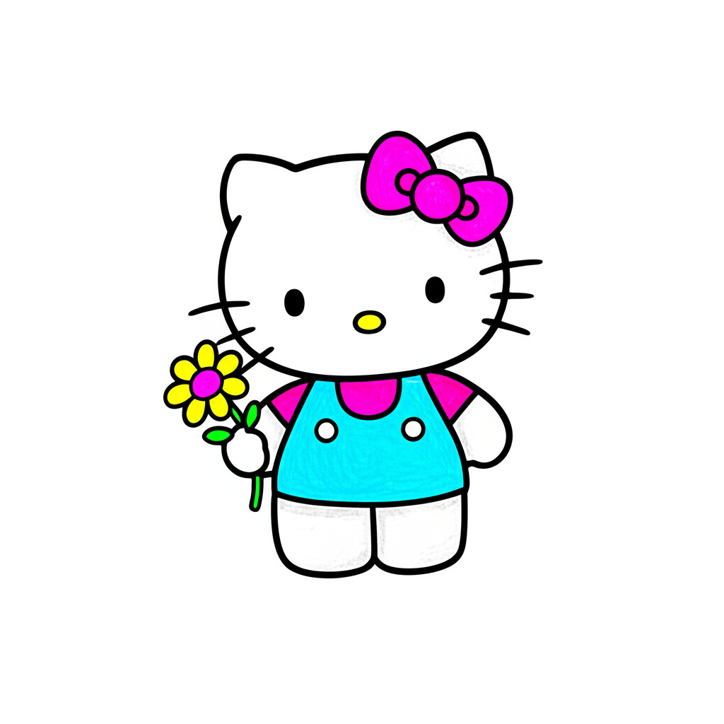 Adorable Hello Kitty with Flower Coloring Page - Colored Preview