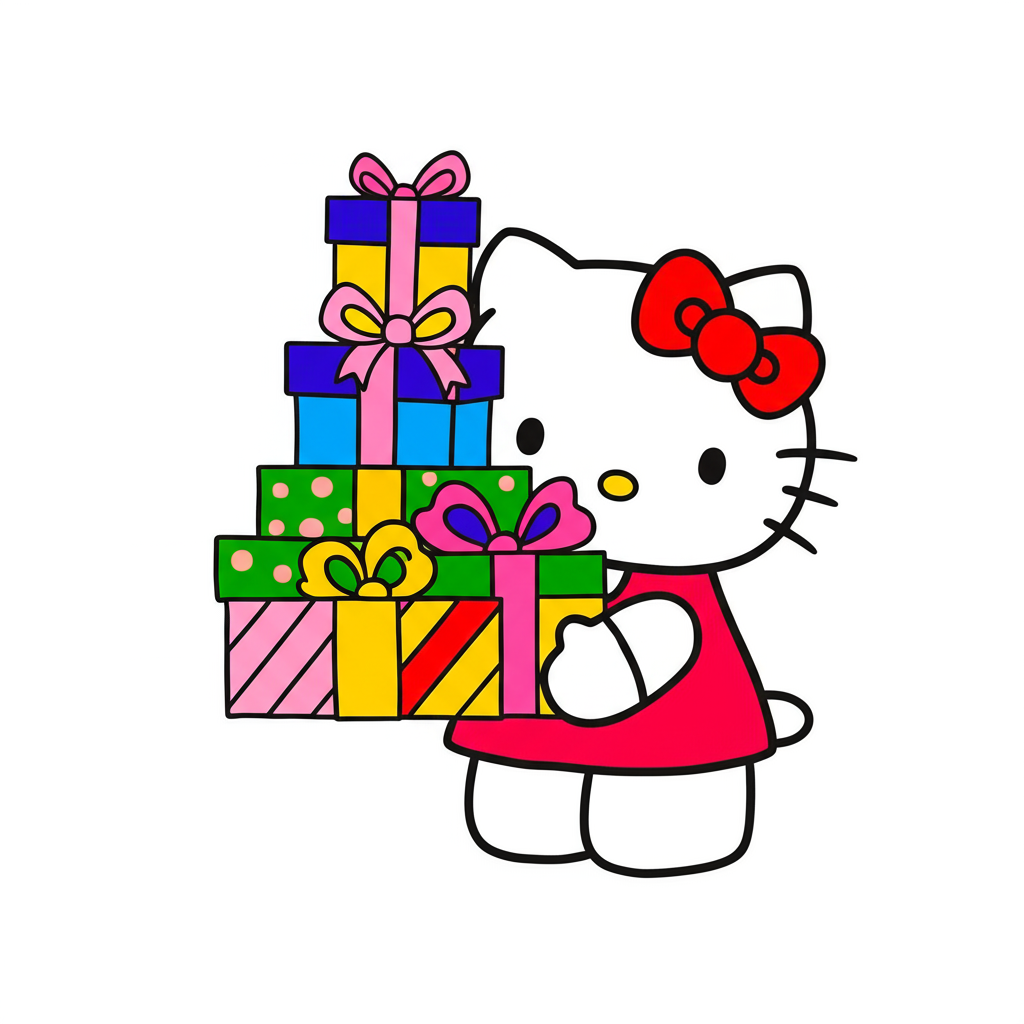 Hello Kitty's Gift Stack Fun Coloring Page - Colored Preview