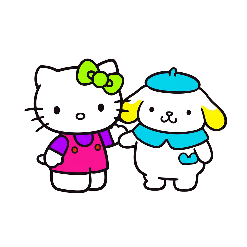 Hello Kitty and Pompompurin Friends Coloring Page - Colored Preview