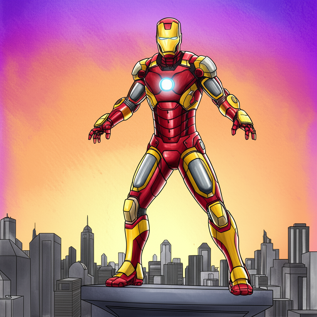 Heroic Iron Man Over City Coloring Page - Colored Preview