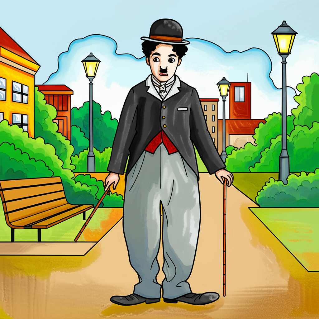 Iconic Charlie Chaplin 'The Tramp' Coloring Page - Colored Preview