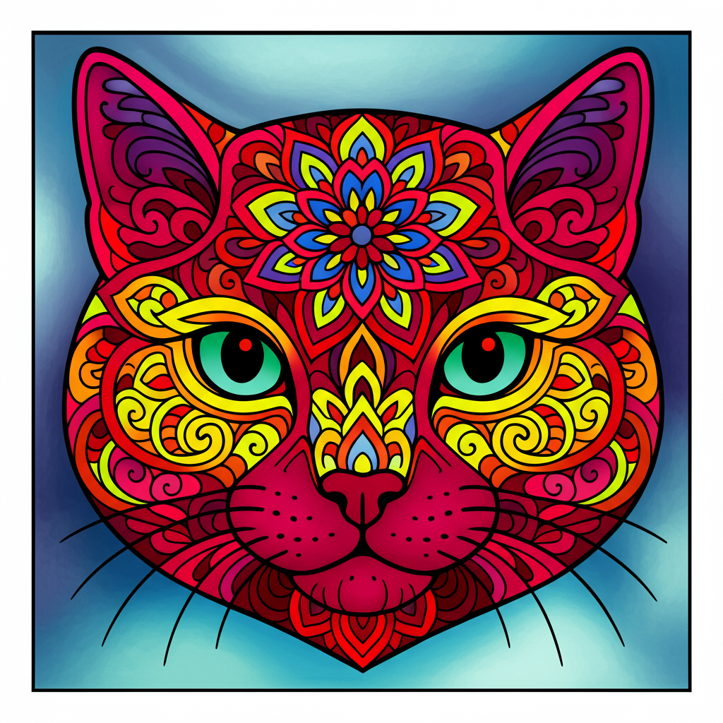 Intricate Cat Mandala Coloring Page - Colored Preview
