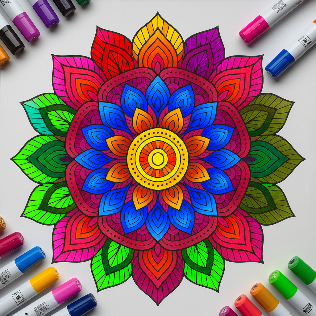 Intricate Floral Mandala Coloring Page - Colored Preview