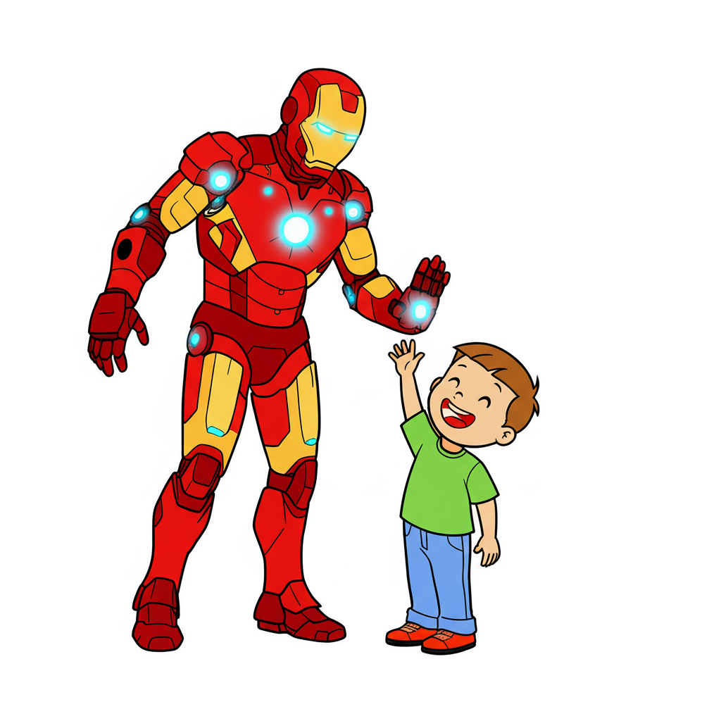 Iron Man High Five with Kid Coloring Page - Colored Preview