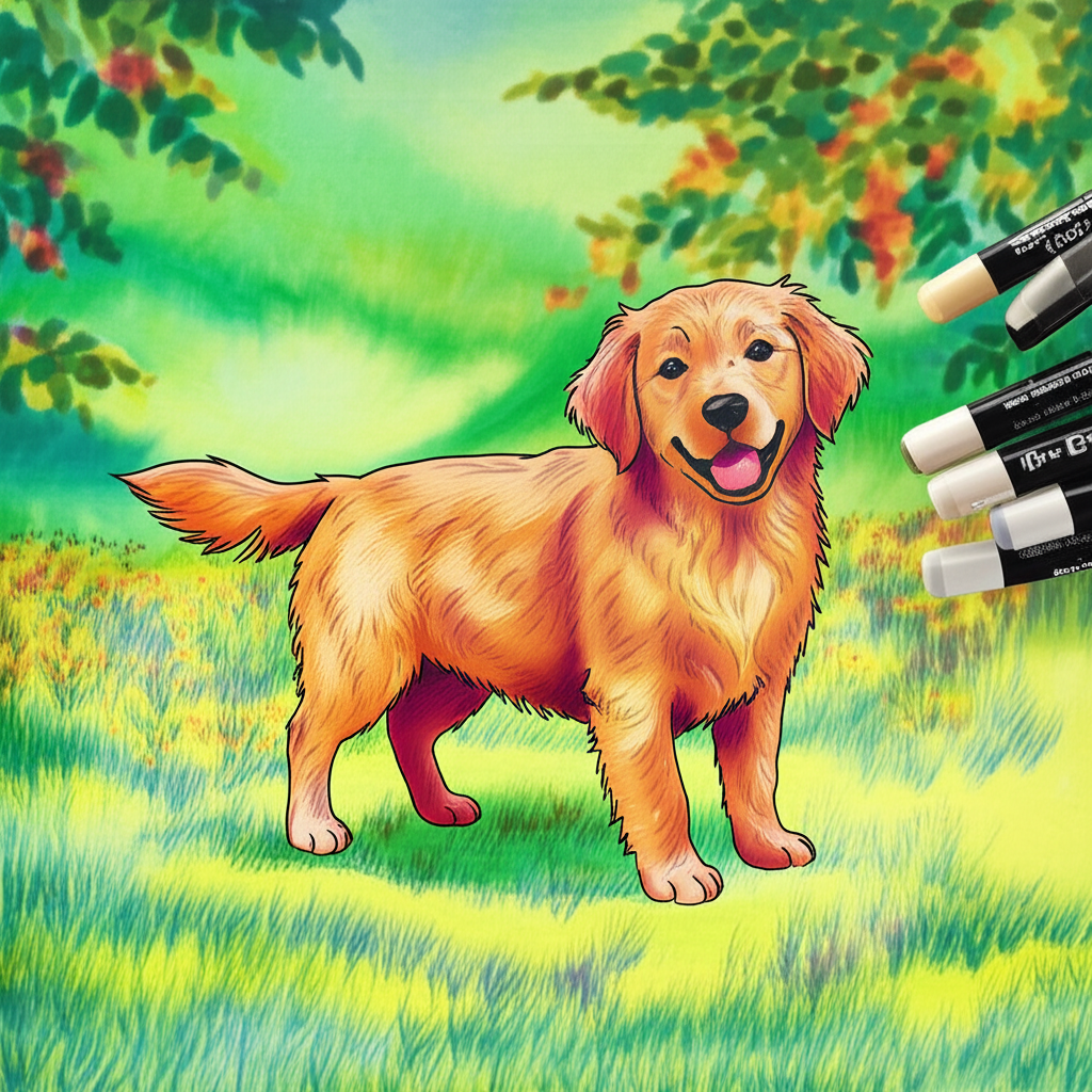 Joyful Golden Retriever Puppy Coloring Page - Colored Preview